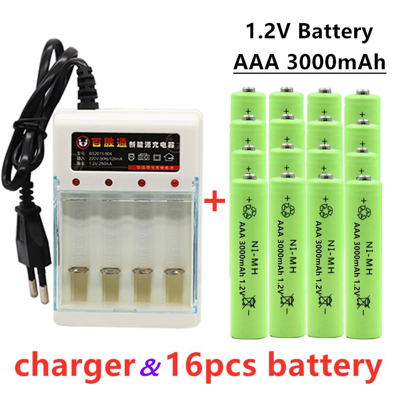 100% Original AAA 3000mAh akku NI-MH 1,2 V AAA batterie für Uhren, mäbenutzen, Computer, spielzeug Also auf, Batterie + Ladegerät: Grün