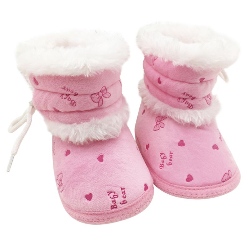 Baby 0-18 Months Girls Winter Snow Super Warm Boots Infant Solid Lace Up Lovely Comfortable Shoes: Pink / 3