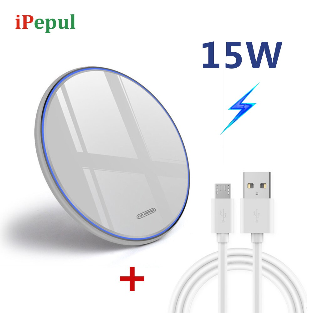 15W Wireless Charger - Metal Desktop Pad - Fast Charging - for Apple iPhone - with LED Indicator: White 15W