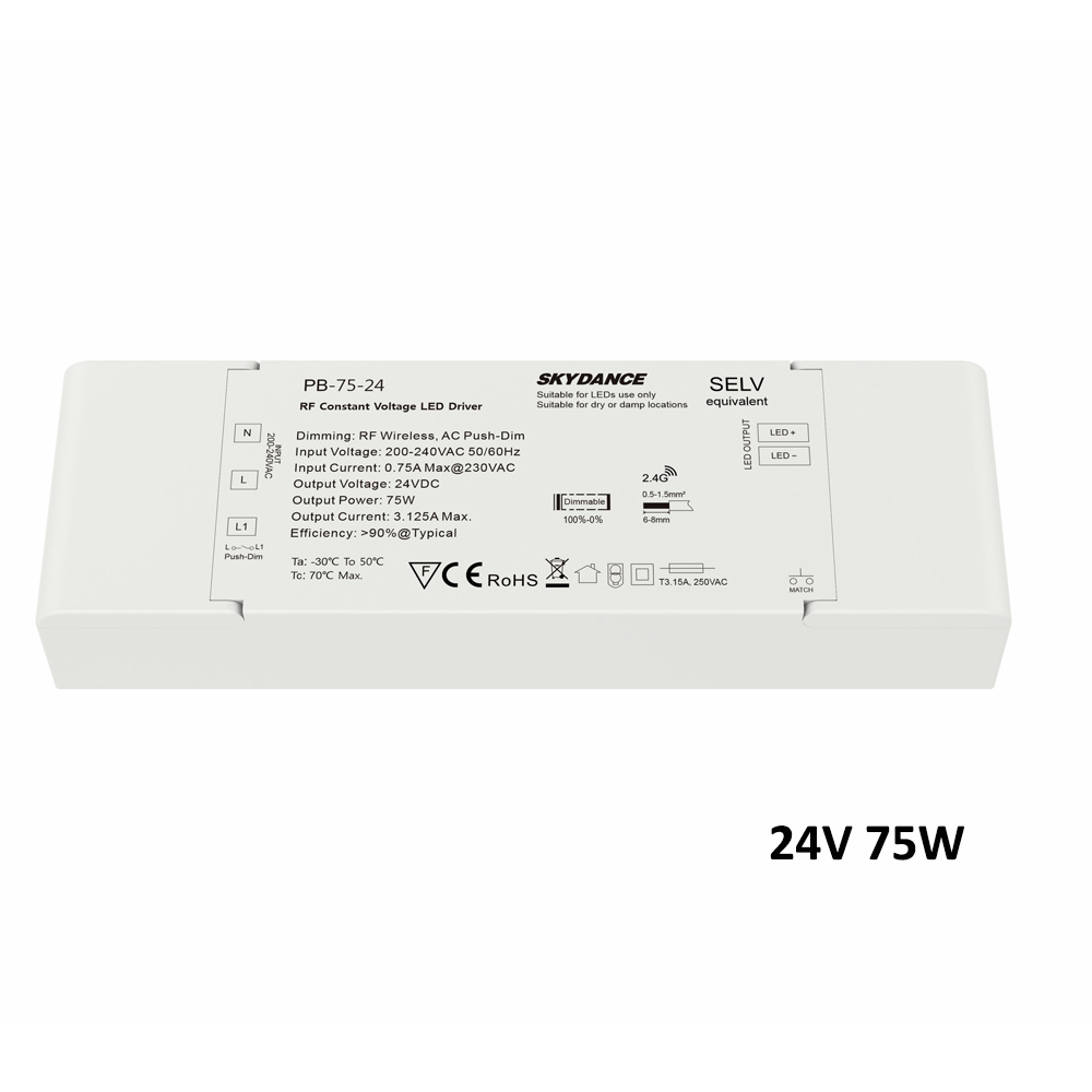 40w 75w rf led-driver med konstant spenning, dimbar, 12v 24v transformator, 2.4g x trådløs fjernkontroll, ensfarget led-stripe: Svart