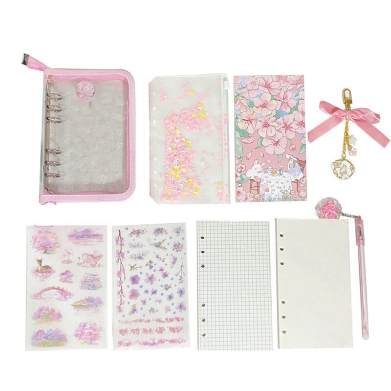 Cuaderno de hojas sueltas A6 Sakura, 90 hojas de papel, carpeta, flores de cerezo, diario: Pink