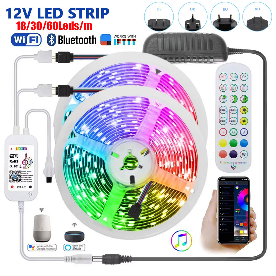 Tira de luces Led Rgb, cintas adhesivas impermeables para exteriores, 12V, 5050, 5M, 10M, 15M, 18/30/60 Led/M, cadena de hielo, decoración de luz para habitación