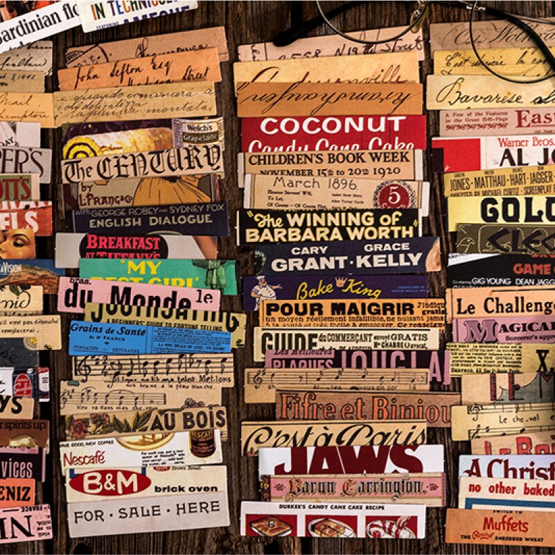 100 stk vintage magasin avis bogstaver dekorative lange klistermærker retro tekstmateriale scrapbog etiket papirvarer kunst planlægger