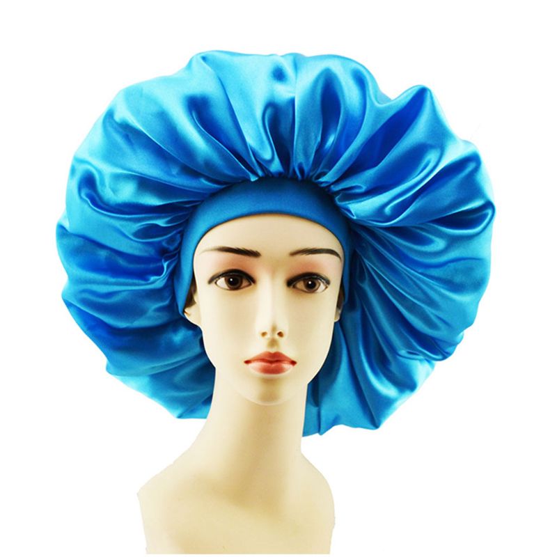 dama dormir sombrero de gran tamaño de copa banda elástica de seda sintética de Color sólido tapa de cuidado del cabello D08E