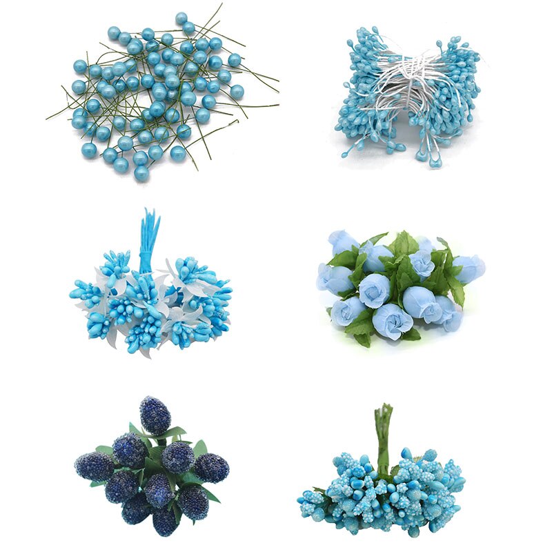 Mini blandet blå kunstige planter blomster kirsebær støvdrager bær buket kasse diy krans jul bryllupsfest deco forsyninger