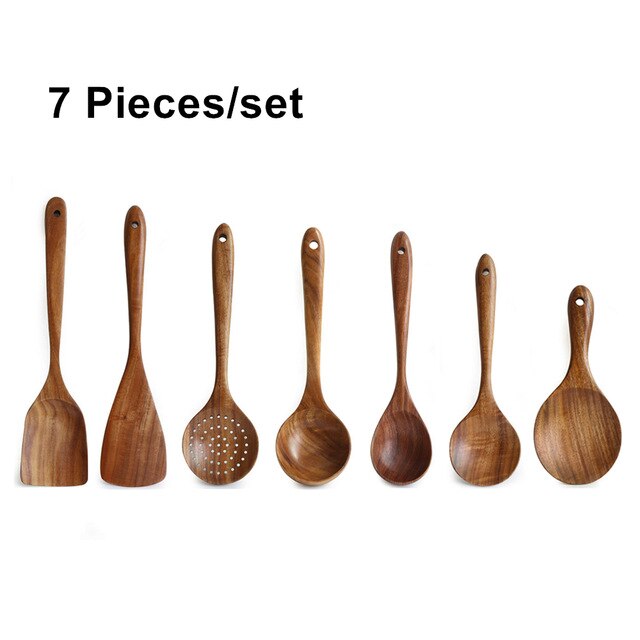 Thailand Teak Natürliche Holz Geschirr Löffel Schöpfkelle Dreher Lange Reis Sieb Suppe Abschäumer Kochen Löffel Scoop Küche Werkzeug einstellen: 7Stck