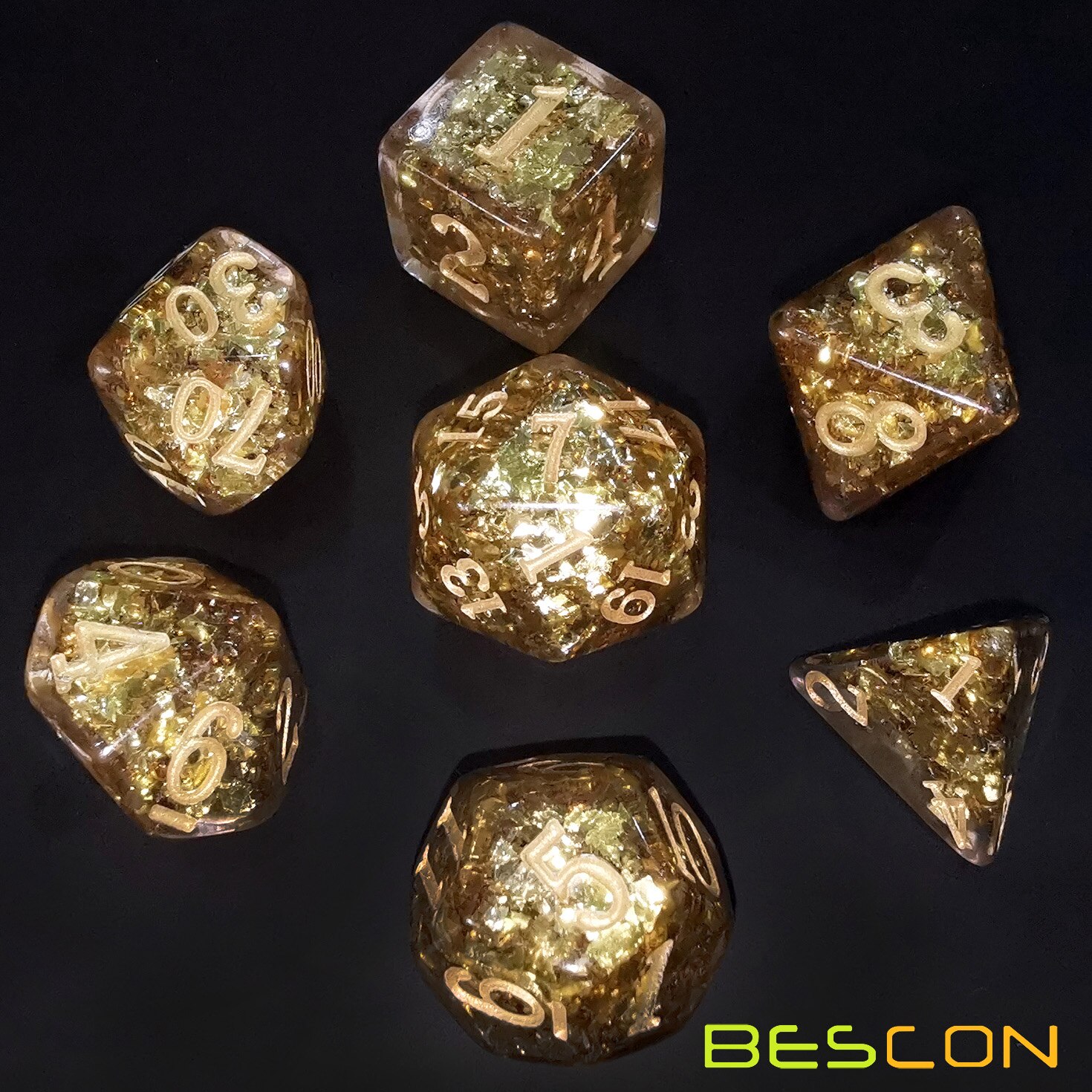 Bescon Dense-Core Polyhedral Dice Set of Golden, RPG 7-dice Set in Brick Box Packing