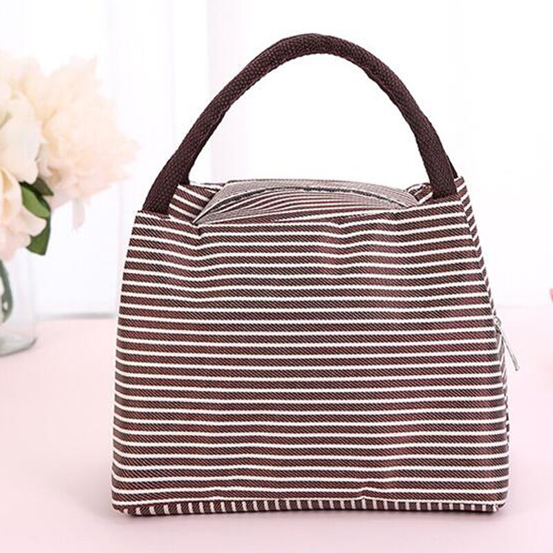 Portable Insulated Oxford Cloth Lunch Bag Thermal Food Picnic Lunch Bags For Women Kids Men Print Lunch Box Bag Tote: Coffee Striped C