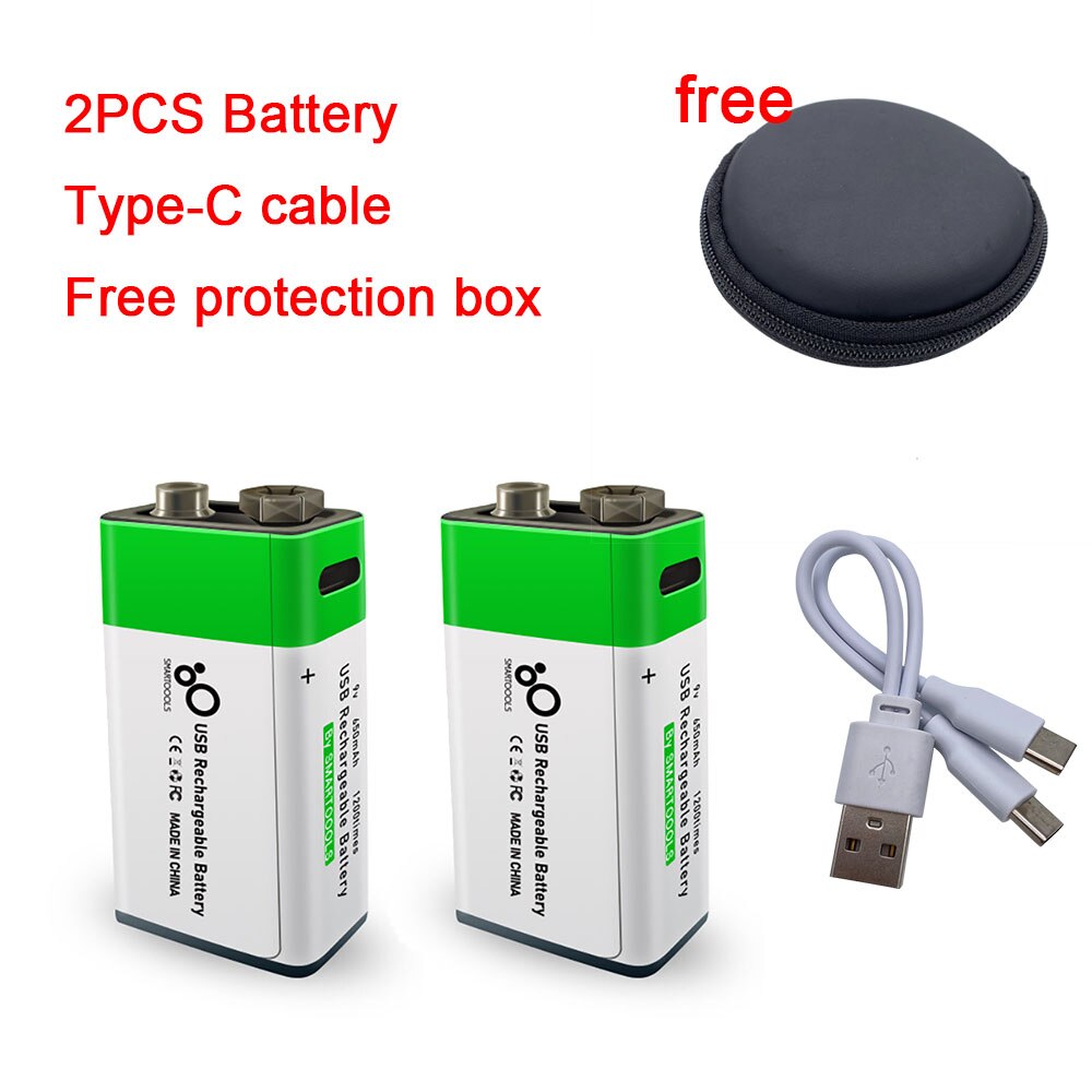 YouTu 9V USB Rechargeable Battery - Lithium-Ion, 650mAh, Eco Friendly, 1200 Uses, Type-C Charging, 1.5h Rapid Recharge, Li-Ion: 2 PCS battery  cable