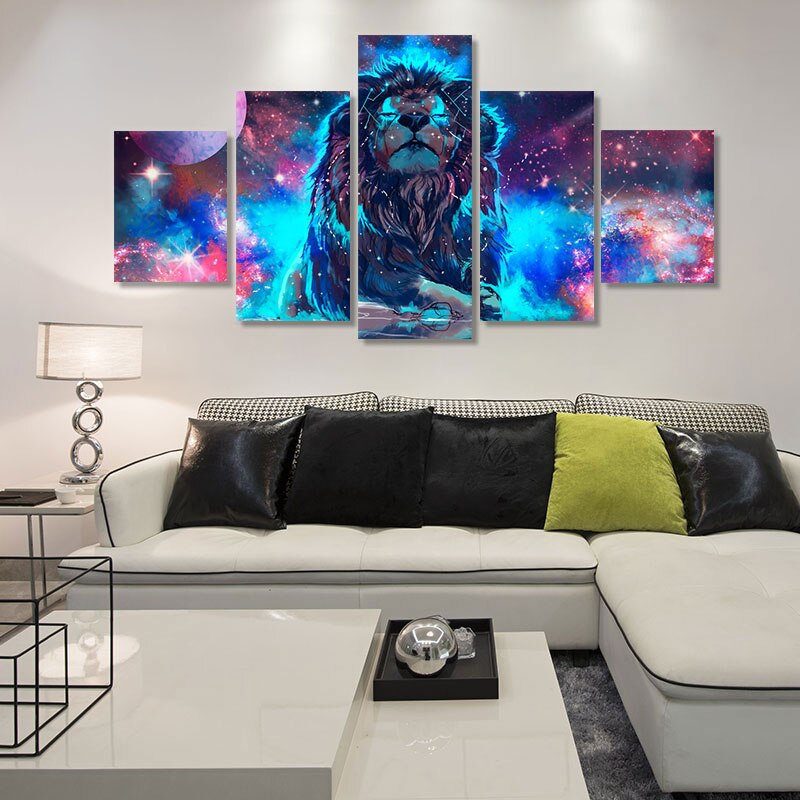 5 Panel Oil Painting Starry Sky Lion Art Canvas Wall Hanging Art Landscape Modern Living Room Decoration Painting Frameless