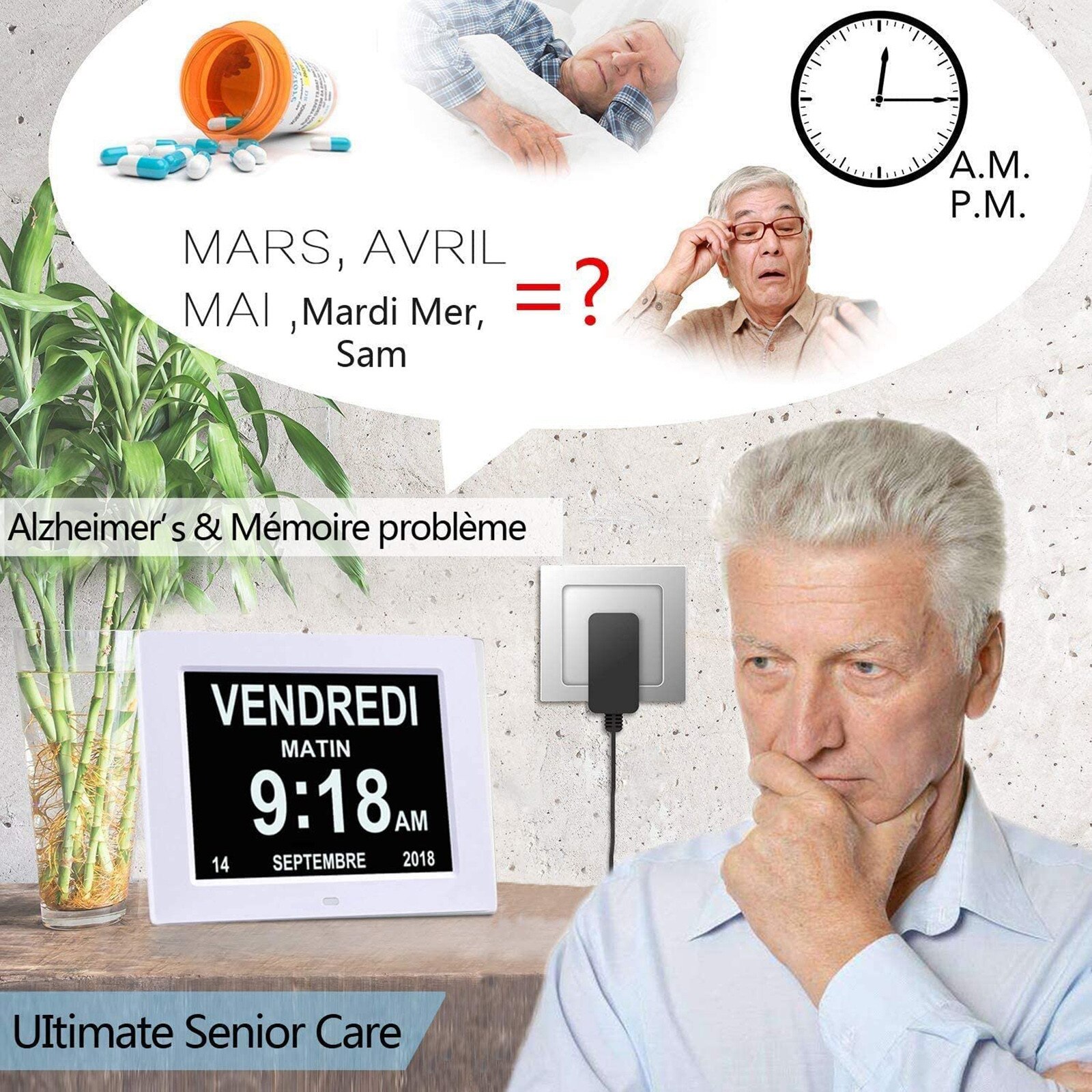 8in LCD Digital Calendar Clock with Date LED Digital Alarm Clock Backlight Snooze Mute Calendar Clock with Date,Day and Time