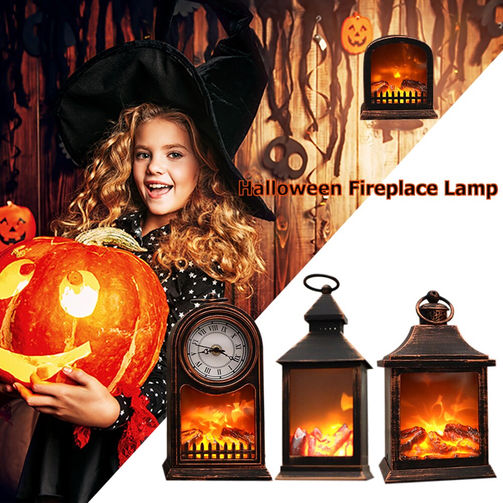 Retro Fireplace Lamp LED Flame Lantern Portable Oil Lamp Wind Lamp Simulation Flame Halloween Party Decor Props Home Ornaments