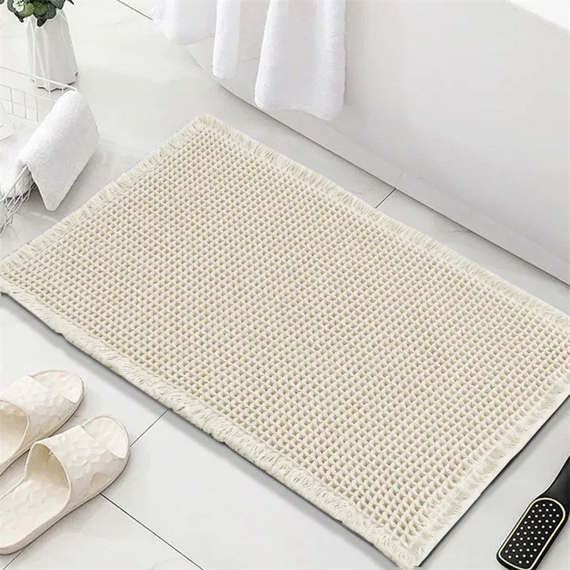 Waffle Non-Slip Bath Mat Bathroom Super Absorbent Carpet Non-Slip Shower Rugs with Tassels Bathtub Beside Rug Entrance Doormat: WHITE / 1700MMx2400MM