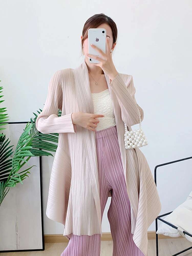 Lanmrem plissert trenchcoat cardigan vår tynn vindjakke langermet uregelmessig løs mellomlang kåpe 2 r 4617: Rosa