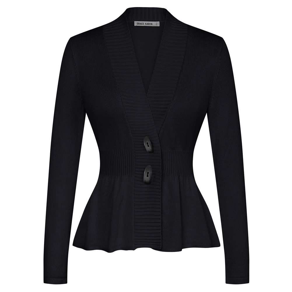 GK Women Cardigan Slim Fit Casual Defined Waist Spring Autumn Long Sleeve V-Neck Button-Up Knitted Sweater: L / black