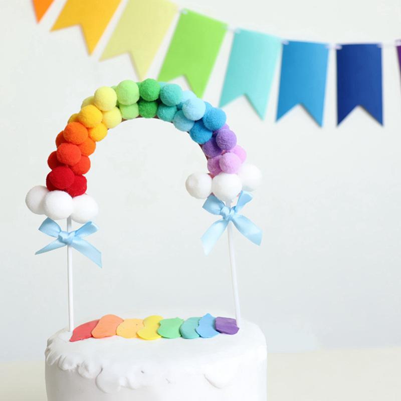 Regenboog Roze Blauw Pompom Cloud Cake Topper Gelukkig Birthday Party Wedding Baby Shower Decoratie Cake Vlaggen Eenhoorn Feestartikelen