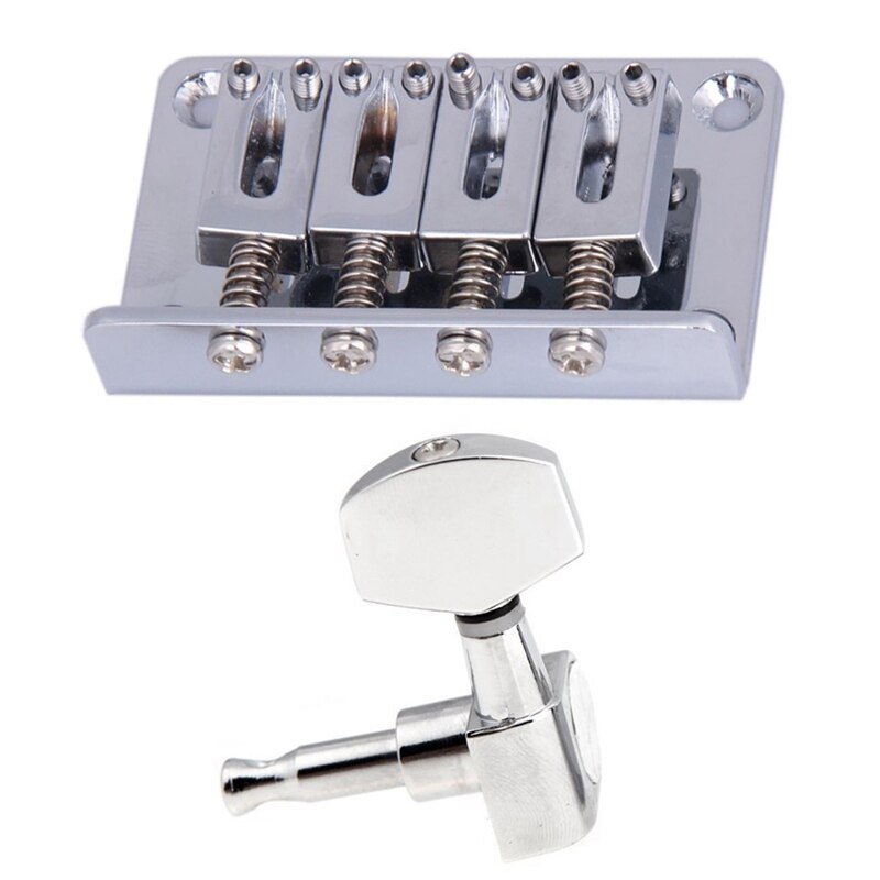 1 Set Cigar Box Guitar Parts: 4-String Chrome Hard-Tail Adjustable Bridge & 1 Set 3L 3R Chrome Electric Acoustic Strings Of Mech