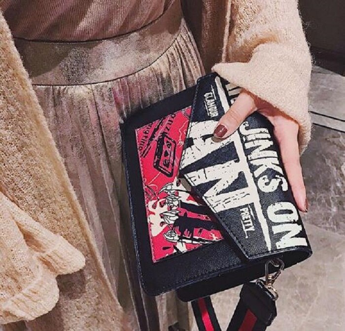 Sacs à main avec impression de dessin animé pour femmes, sac incliné pour filles, pochette sacs à main en polyuréthane: black
