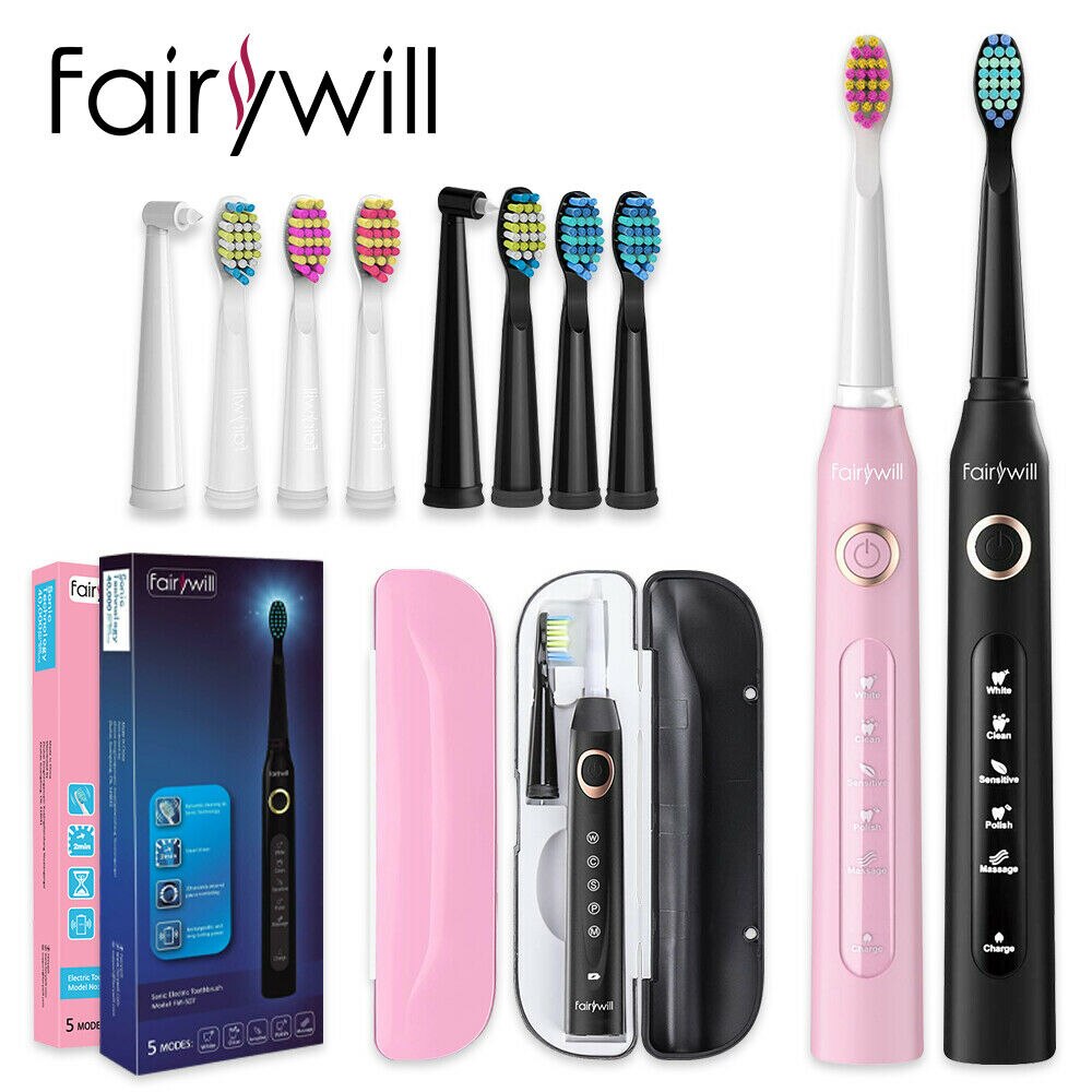 Fairywill Electric Sonic Toothbrush FW-507 USB Charge Waterproof Rechargeable Electronic Tooth 8 Brushes Replacement Heads Adult: FW-507-420-BP-Set