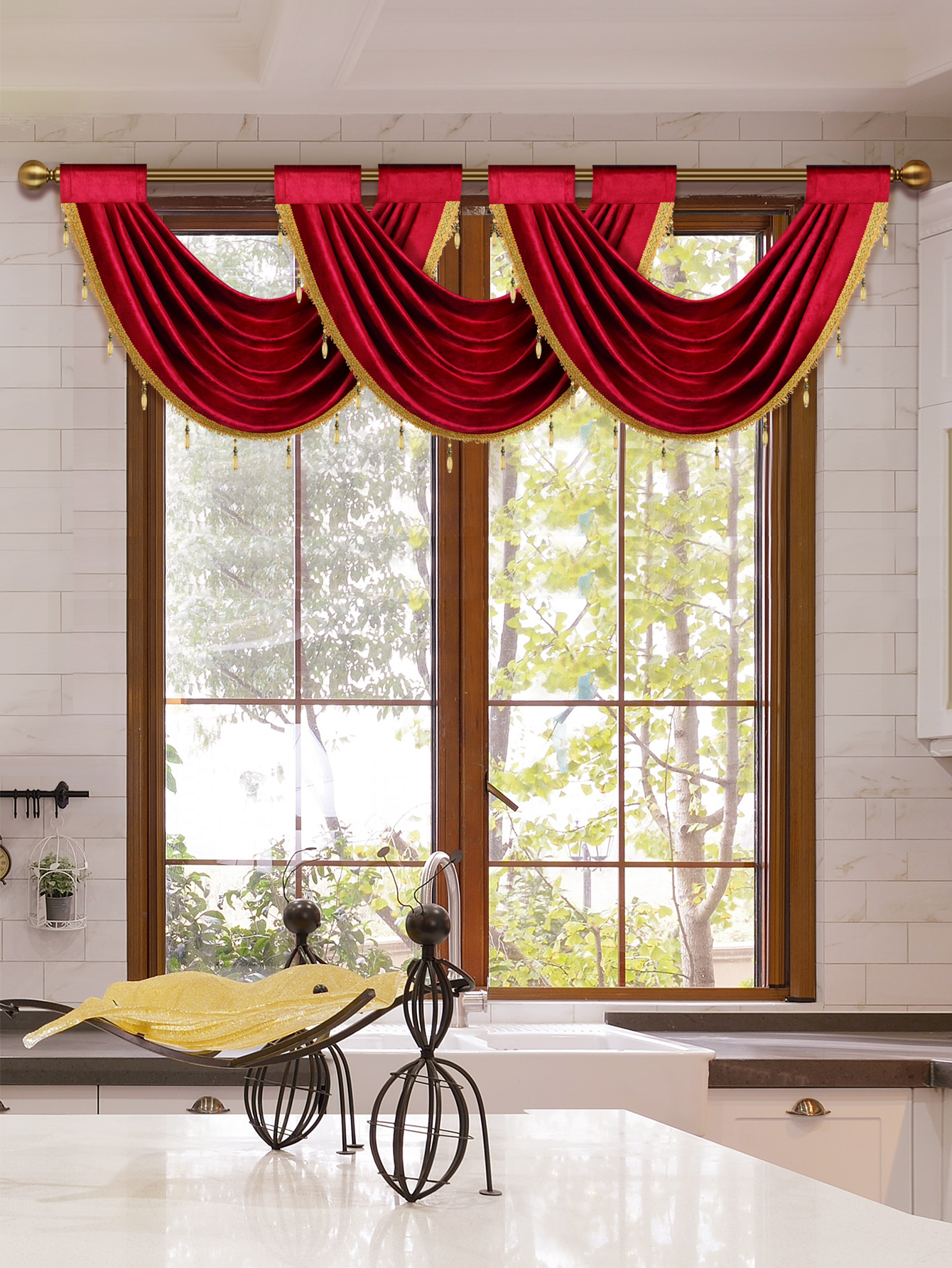 Cantonnière de rideau de fenêtre de Style européen de luxe, 1 pièce, pour salon, poche de tige, cantonnière moderne avec bord de perle de gagner, décor dow