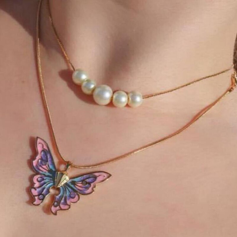 Commercio all&#39;ingrosso dei monili delle catene del Choker del doppio della collana della perla della farfalla di Pop tailandese delle nuove donne di modo: Default Title