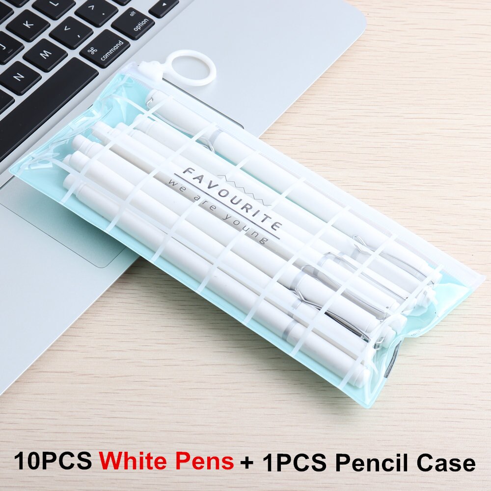 10Pcs/Set Promotional gel pen And Pencil Case Pen Stationery Kawaii Gel Ink Pen School Stationery Office Suppliers Pen: 1Set White B