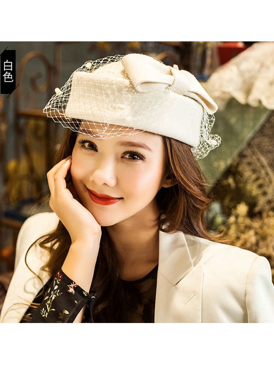 Bride Wedding Chic Veil Fascinator Hat Cocktail Wedding Party Church Headpiece kentucky Headwear 100% Wool Felt Beret Cap