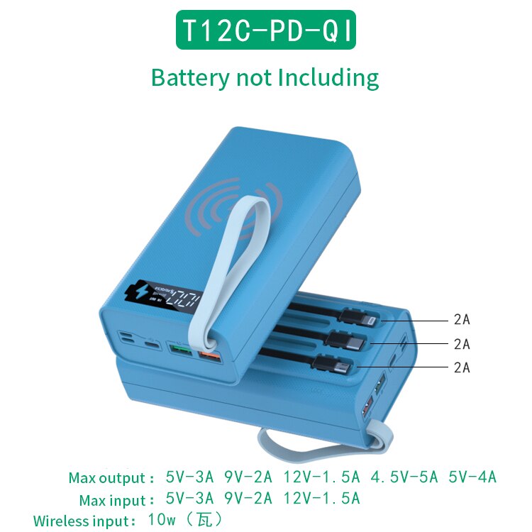 Blaues ladegerät-akkugehäuse, 12*18650 akkuhalter, ladebox pd -qi 10w 12v-1.5a, diy-powerbank für handy, drei usb-anschlüsse: T12c- pdqi-blau