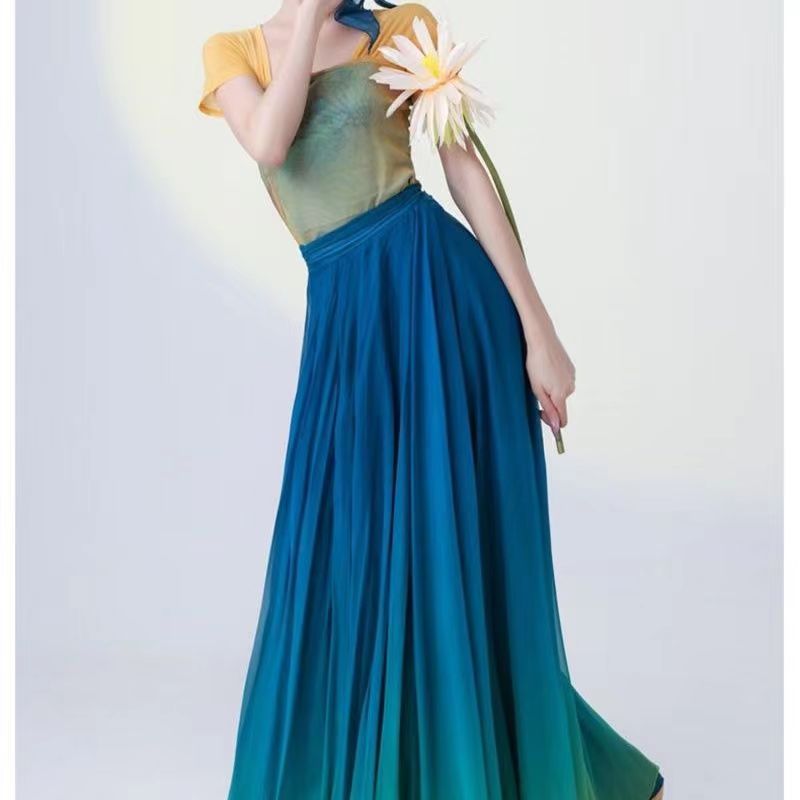 Hanfu-falda larga fluida de 720 grados para mujer, traje de entrenamiento para bailar, pantalones de gasa de pierna ancha, disfraz clásico degradado verde y amarillo