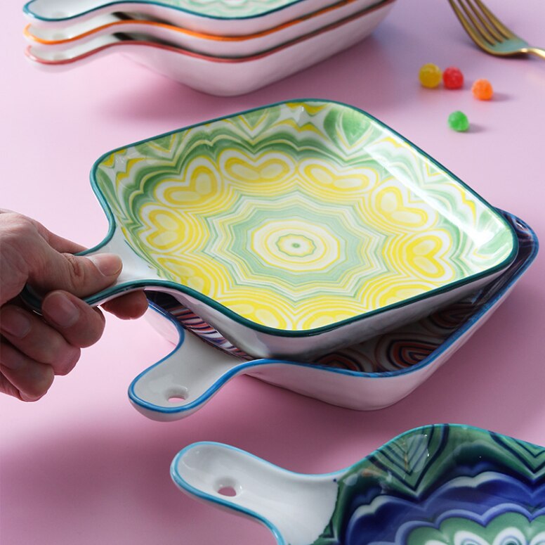 Bohemian Style Single Handle Square Baking Tray Ceramic Plate Household Dishes For Kitchen Utensils