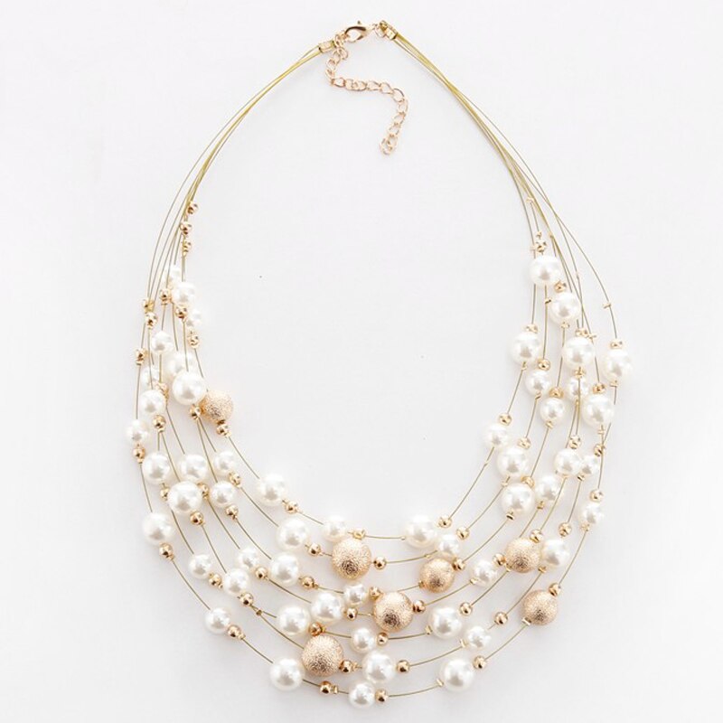 Arrivals Jewelry Gold Color Multi Layer Chains Imitation Pearl Necklaces For Women Party Wedding Bride Necklace