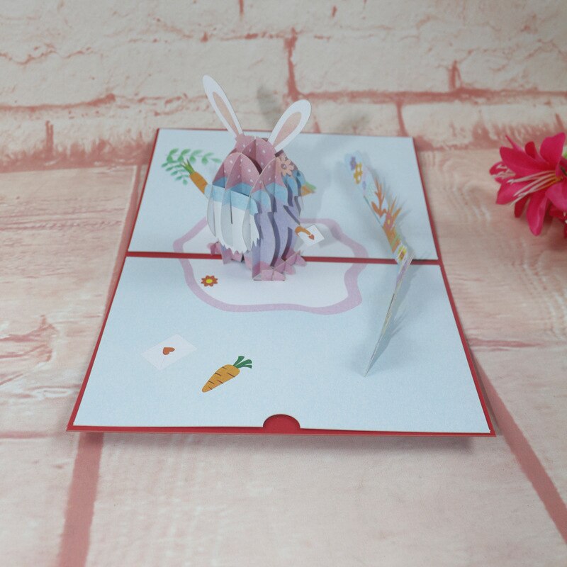 3D Handmade Cartoon White Bearded Rabbit with Carrot Happy Easter Paper Greeting Cards PostCard Children Party Invitation