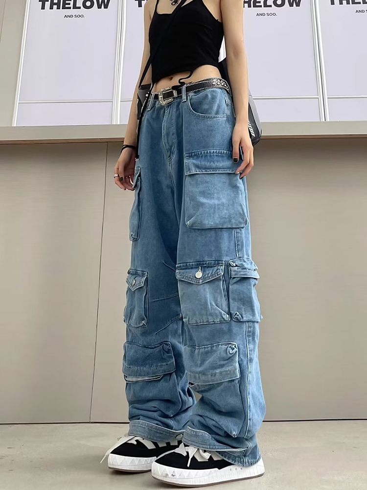 Calças jeans largas largas folgadas femininas, calças cargas com vários bolsos, roupas de rua Harajuku, jeans azul lavado vintage feminino, moda outono, Y2k