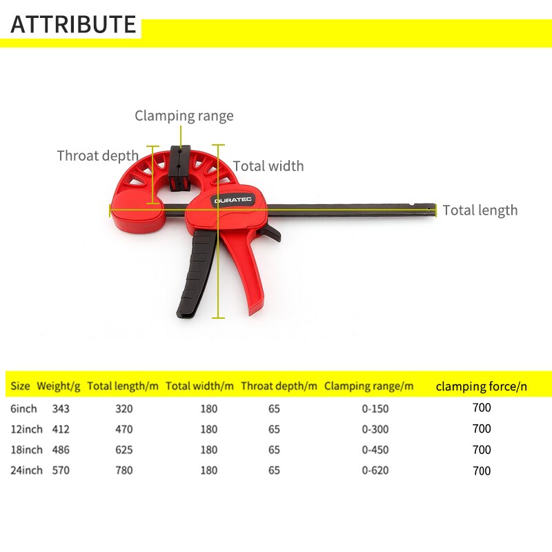 DURATEC nowy zacisk robić pręta w stylu F narzędzia robić obróbki drewna szybki chwyt F zacisk 4/6/12/18/24 cala plastikowe zaciski stolarskie szybki uwolnienie