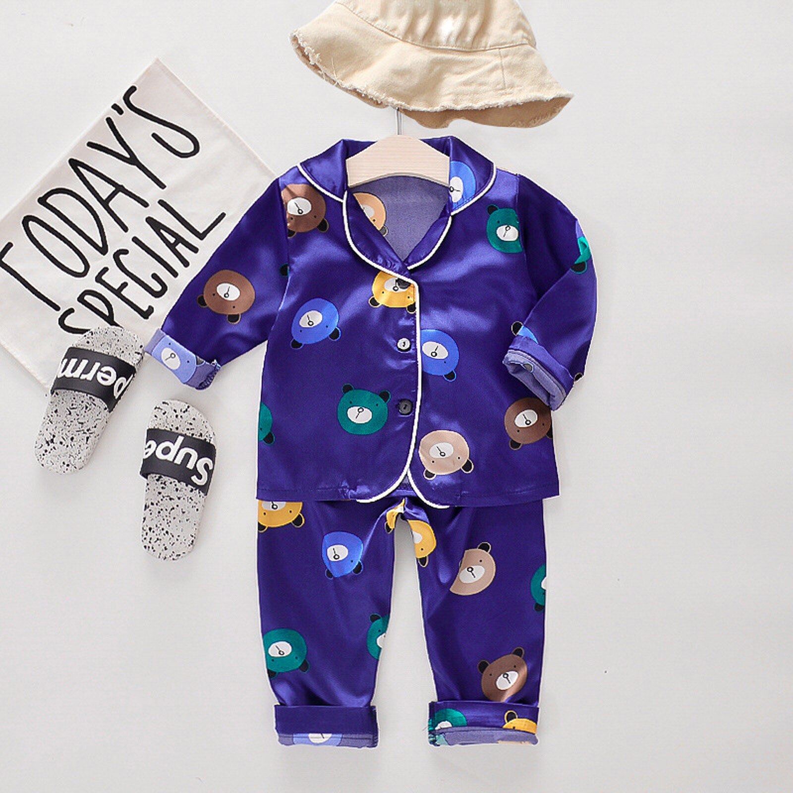 Conjunto de pijama de manga larga para niños y niñas pequeños, ropa de dormir de satén con botones de dibujos animados, cuello doblado hacia abajo, 4 #