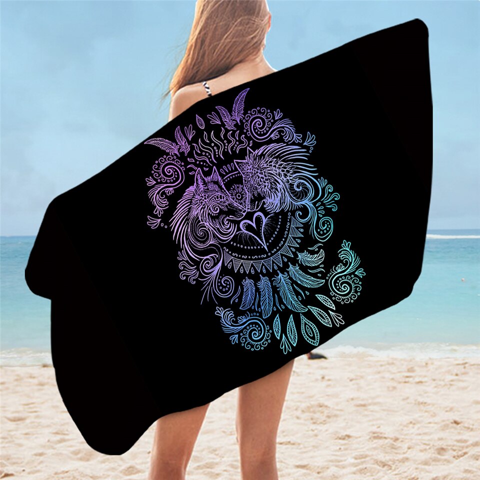 Wolf Warrior by SunimaArt Bath Towel Bathroom Microfiber Beach Towel Tribal Wolf Summer Blanket Wild Animal Adult Shower Towel: Wolves Heart Black