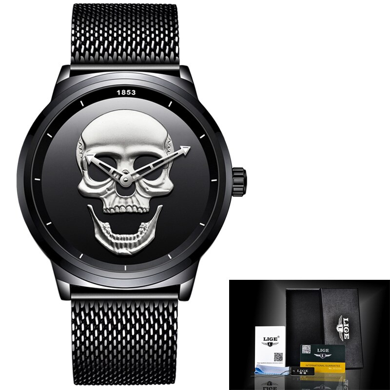 2018 lige mærke cool punk stil pirat skelet kranium quartz herreure mesh stål sport sort ur herre relogio masculino+box: Sort sølv