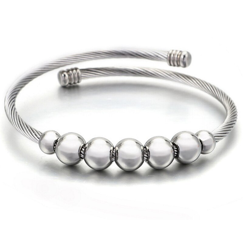 Stainless steel Cable Wire Cuff Bangle Women Beads Charm Adjustable Opening Bracelets Bangles Jewelry: steel