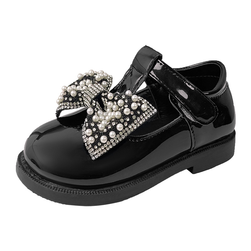 Girls' Small PU Leather Shoes Spring Autumn Baby Children's Pearl Rhinestone Soft Sole Little Girl Single Shoes Princess Shoes