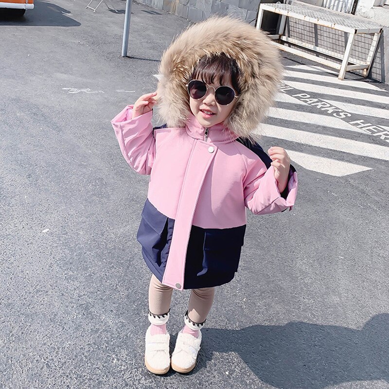 -30 kall vinter nyfödd flicka kläder outfits pälskrage dun bomull kappa för spädbarn flicka kläder tjocka jackor parkas: Rosa 1 / 24m
