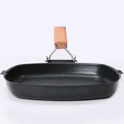 Non-Stick Steak Frying Pan Cast Iron Steak Grill Pans Frying Pan Wooden Handle Folding for Kitchen Fry Cooking Steak