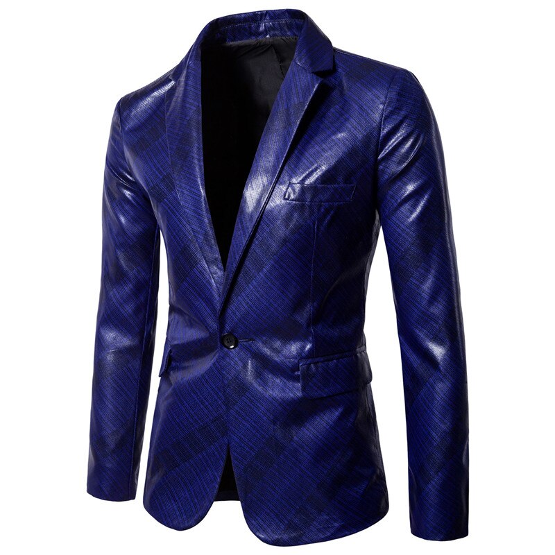 Blazer heren casual schuine streep bedrukte glanzende blazer masculino heren klassiek bruidsjonkers trouwpakken feestjas 3xl: Saffier / Xxxl