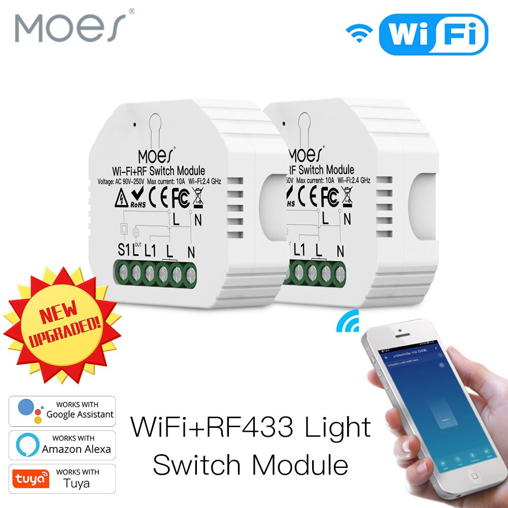 Mini DIY WiFi RF433 Smart Relay Switch Module Smart Life/Tuya App Control, Work with Alexa Google Home 1 Gang 1/2 Way