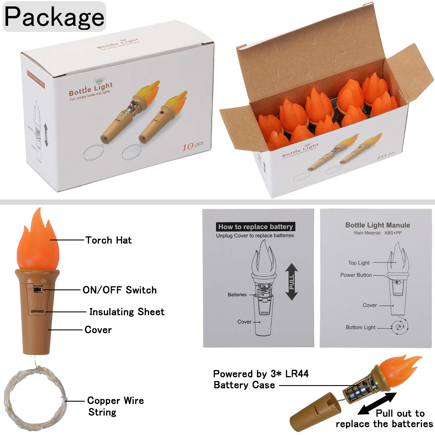 Luces de botella con forma de antorcha y corcho, 20 luces led para botella de vino, cadena de luces con batería, alambre de cobre, luces de hadas estrelladas, decoración para fiestas navideñas.