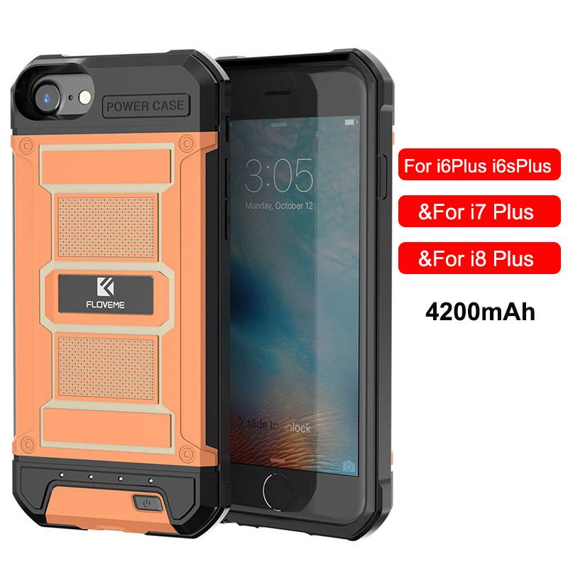 FLOVEME Battery Charger Case For iPhone 6 6s 7 8 Plus Power Bank Case Portable External Backup Charging Case Cover 3000/4200mAh: Orange For Plus