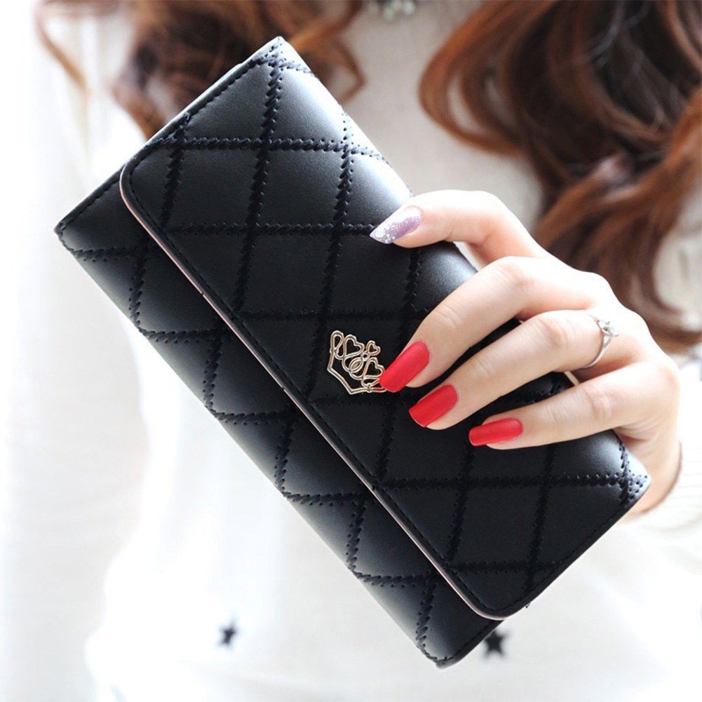 Damen-clutch aus leder, diamantkrone, dreifach gefaltete geldbörse, langes kartenetui, handytasche, handtasche: Schwarz