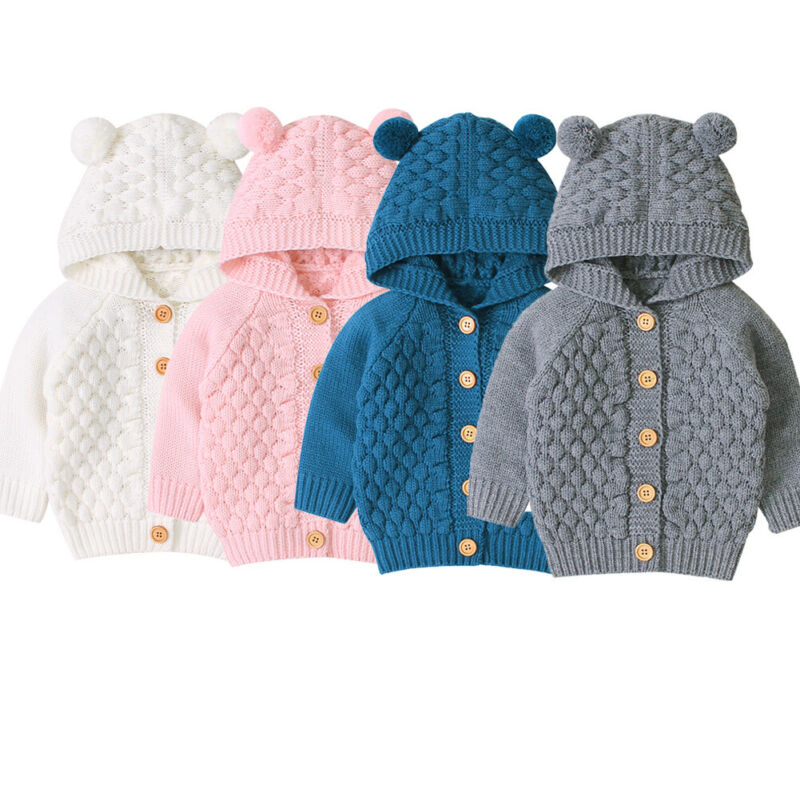Leuke Peuter Kids Baby Jongens Meisjes Hooded Sweater Jassen Effen Kleur Lange Mouw Gebreide Knoppen Warme Jassen Bovenkleding 0-24M