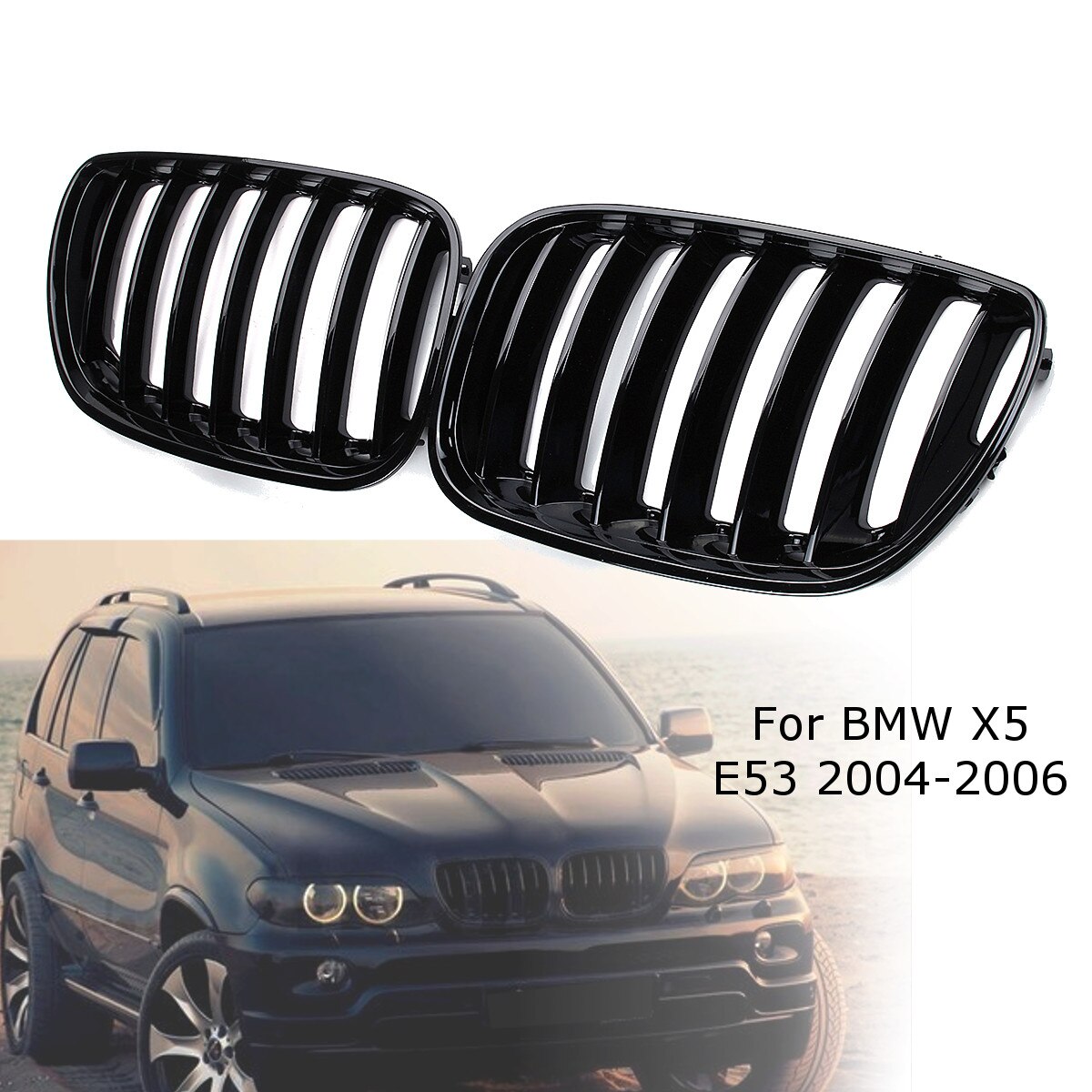 Calandre noire brillante pour voiture, 2 pièces, droite et gauche, pour BMW X5 E53 2004 2005 2006 ABS 51137124815 51137124816