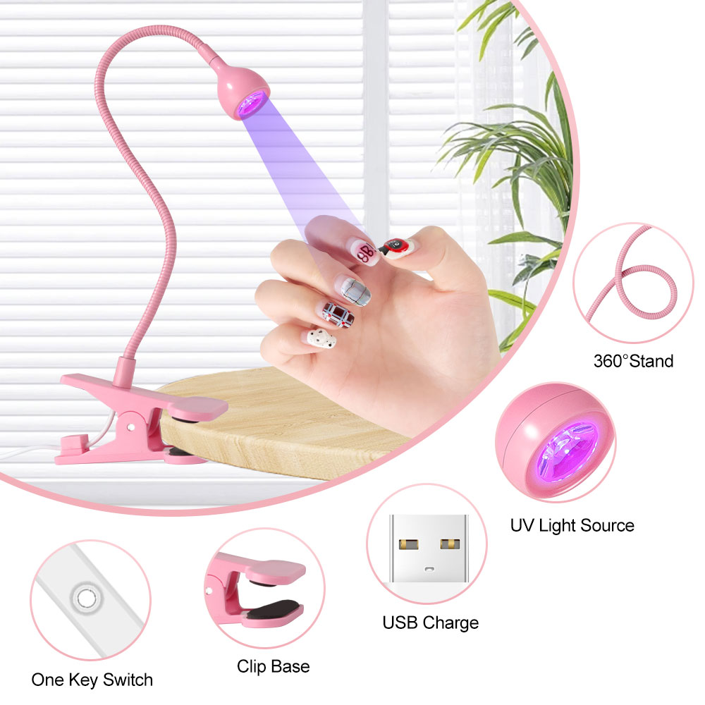 Lámpara LED UV para secado de esmalte de uñas de Gel, minilámpara portátil USB para escritorio, Flexible, con Clip, para salón de manicura