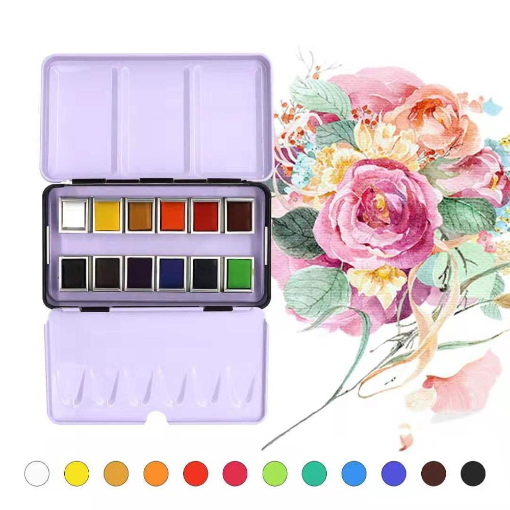 SeamiArt 12/24Color Solid Watercolor Pan Paint Set Portable Tin Box Watercolor Pigment for Drawing Watercolor Paper Art Supplies